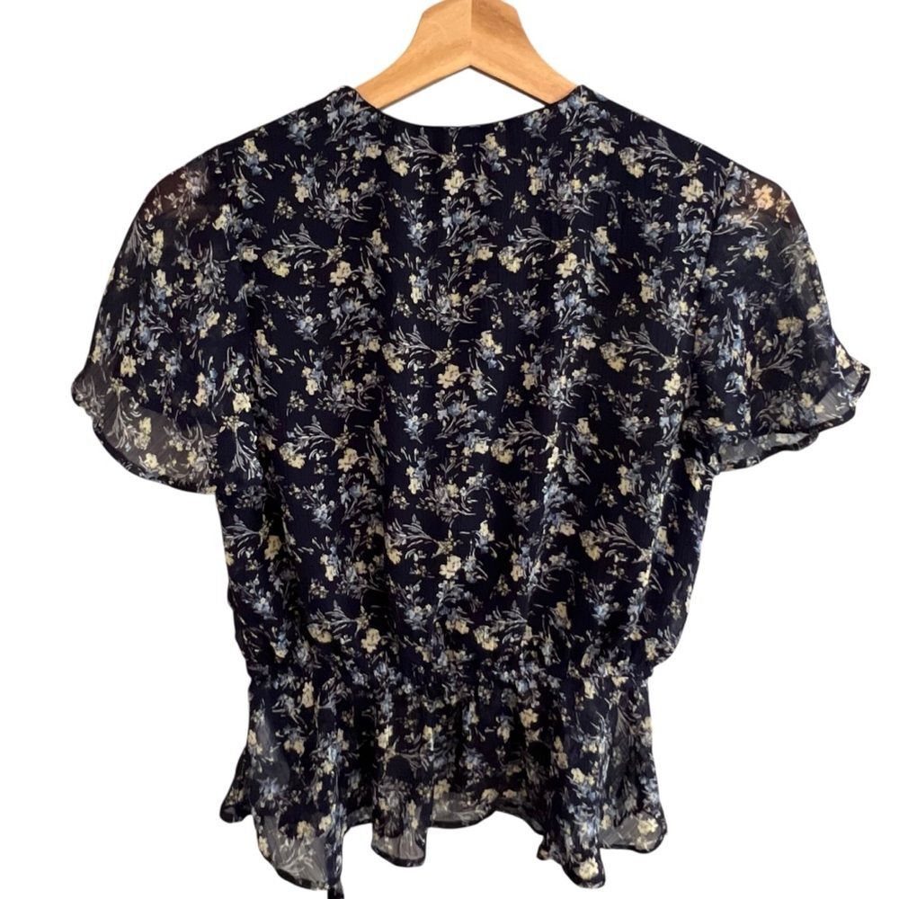 Womens Sheer Navy Floral Peasant Top Size S Flutter Sleeve Fairy Cottagecore - Picture 3 of 8